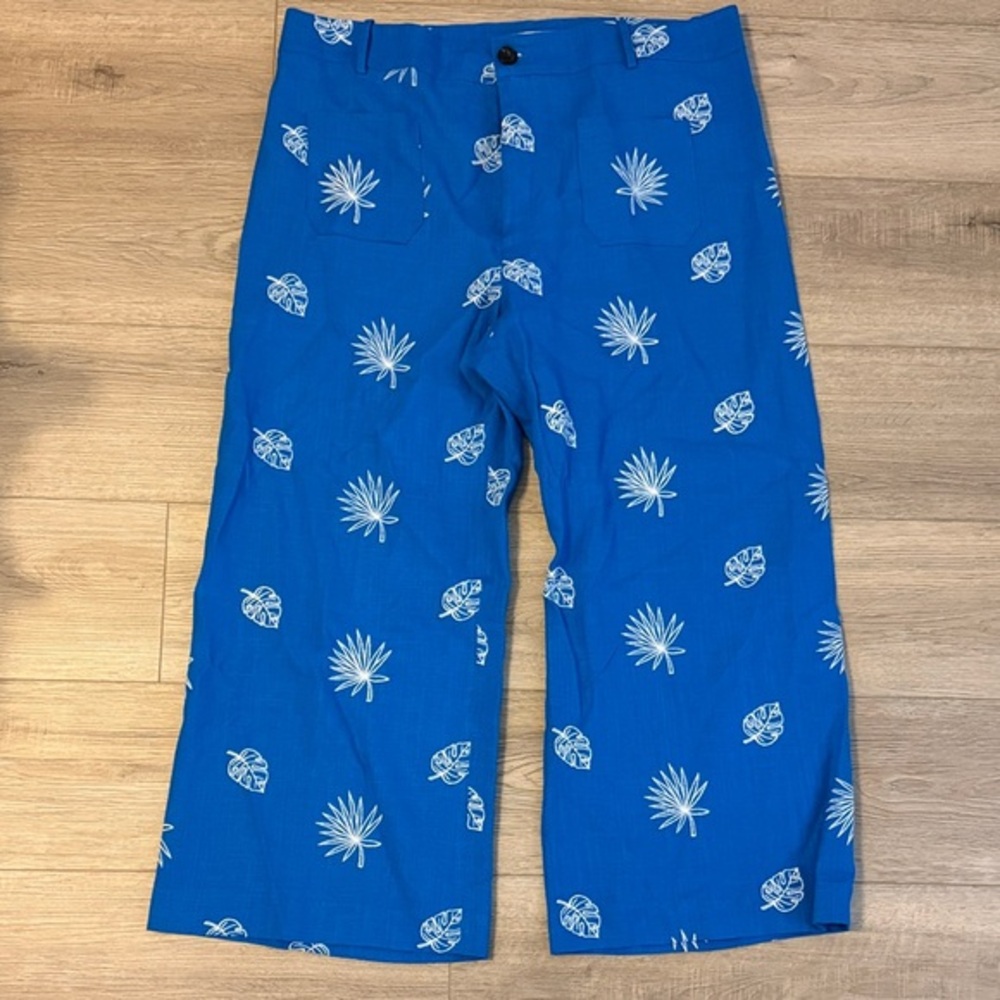 ✨ Zara Blue Linen Dandelion Print Pants | Size XXL | Cropped Wide Leg | NWOT ✨